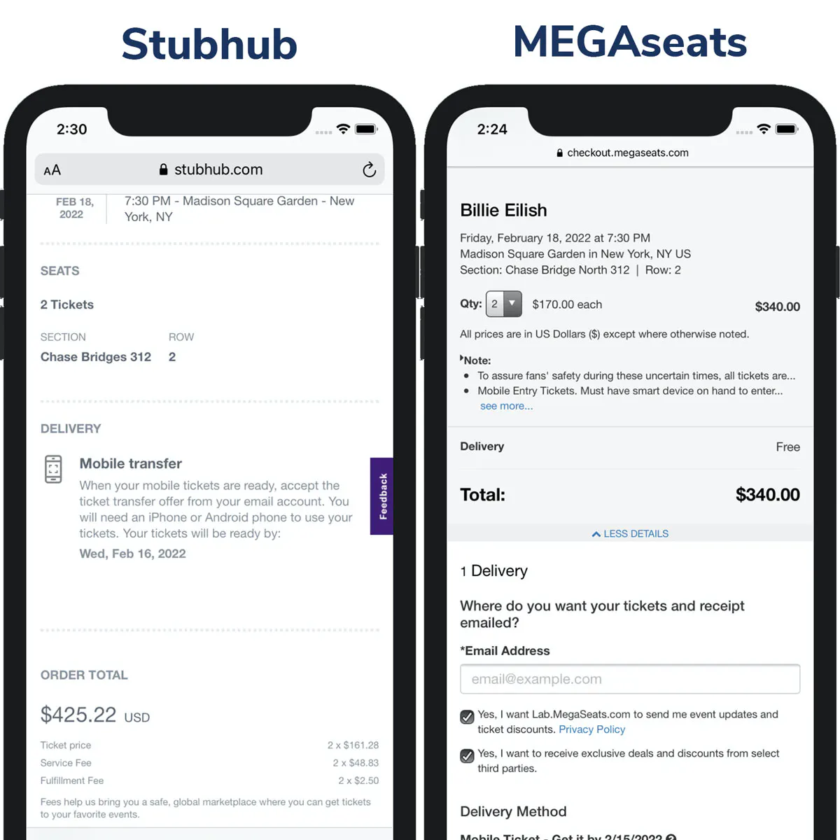 Screenshot of Ticketmaster price vs MegaSeats Price on Checkout Page
