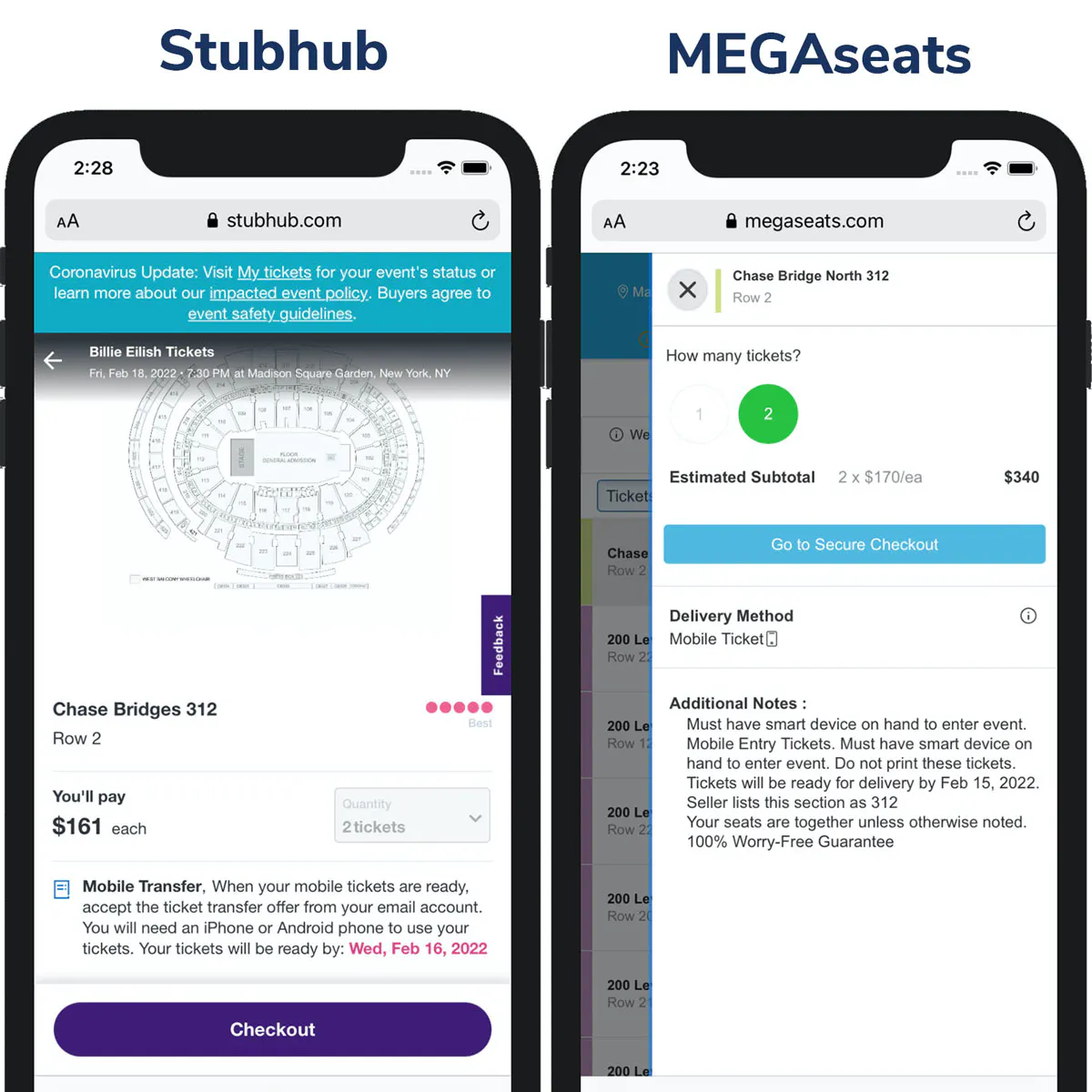 Screenshot of Ticketmaster price vs MegaSeats Price on Maps Page